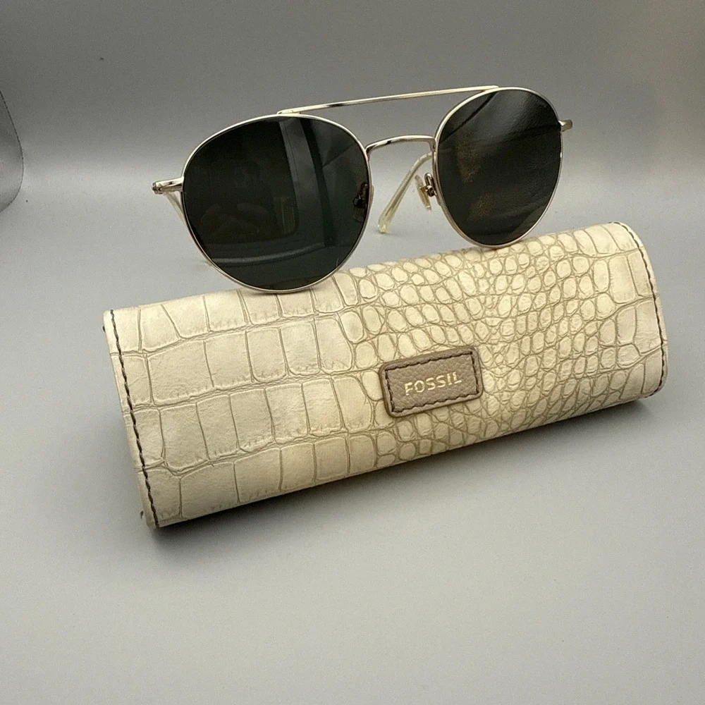 Fossil Authentic Sunglasses Gold Round Frames w/Green Polarized Lens with Case
